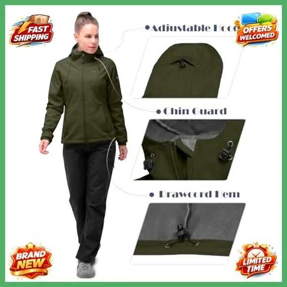 Women's Fleece Lined Softshell Jacket, Windproof Hooded Active Coat for Hiking